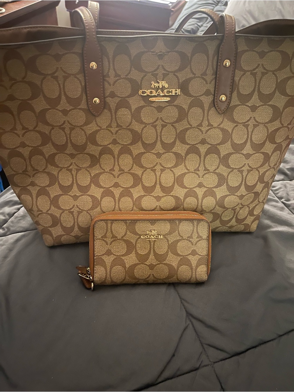 Coach Brown Signature Canvas Tote with Matching Wallet